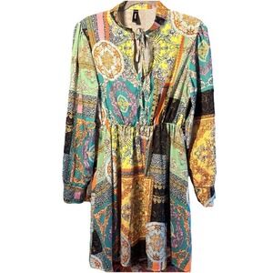 Venti6 Fit Flare Aqua Floral/Geometric Retro/Boho Flowing Dress  Italy M